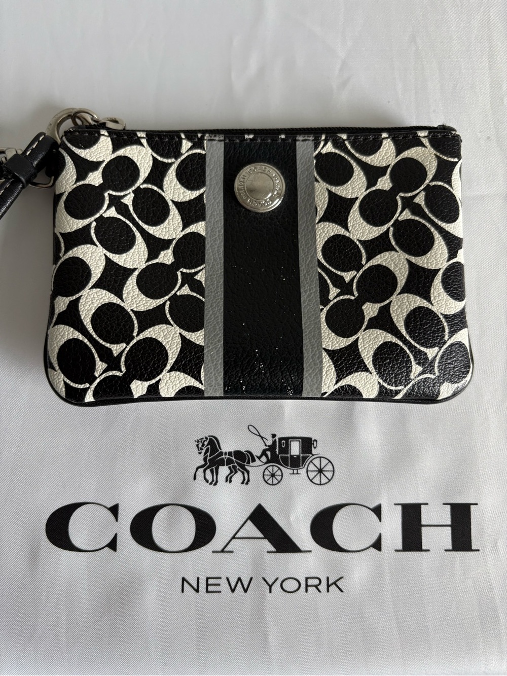 Coach Signature C Black and White Women’s Wristlet | 6”x 4”